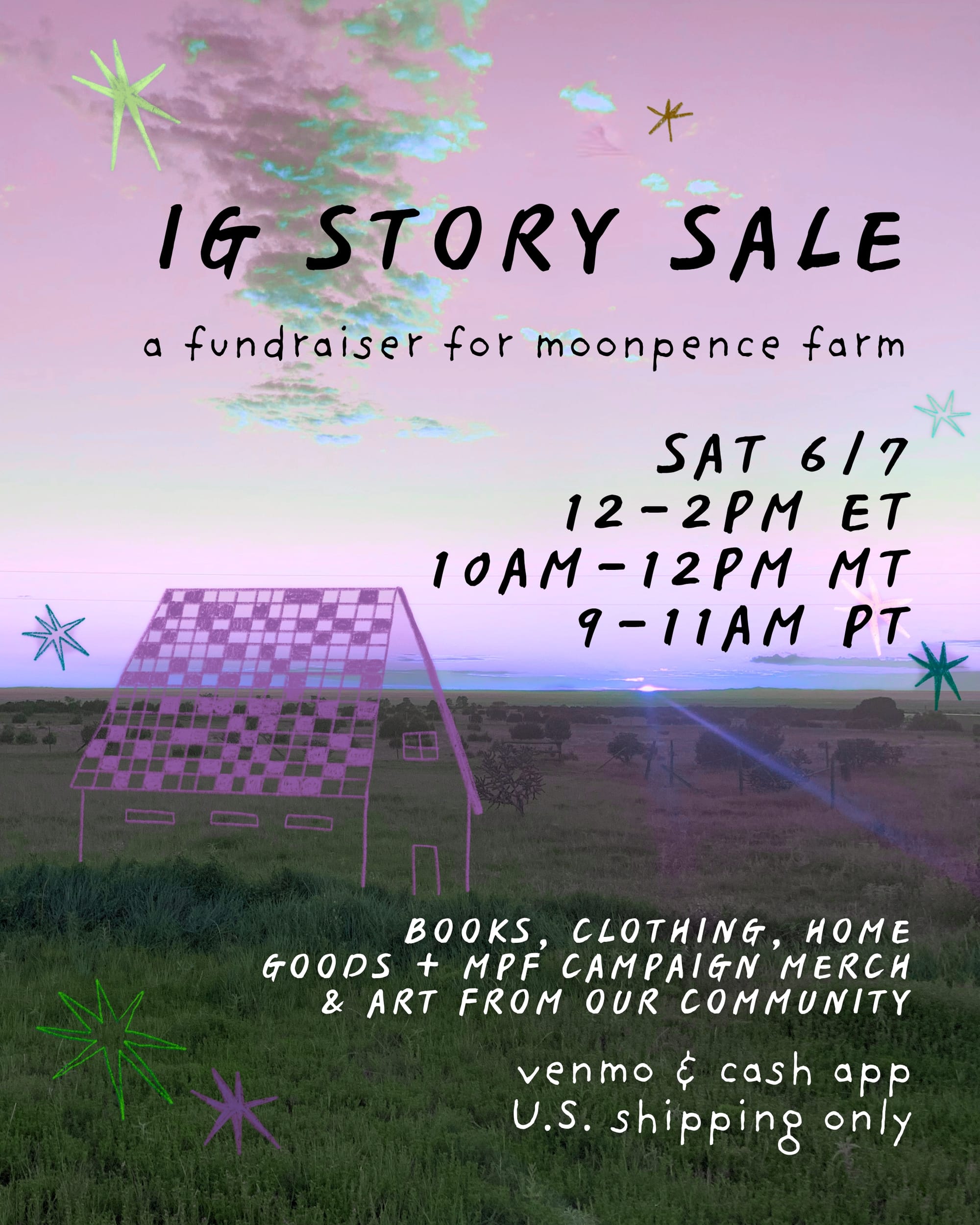 Story sale graphic (photo of lush green fields with purple & green filters and hand-drawn doodles)