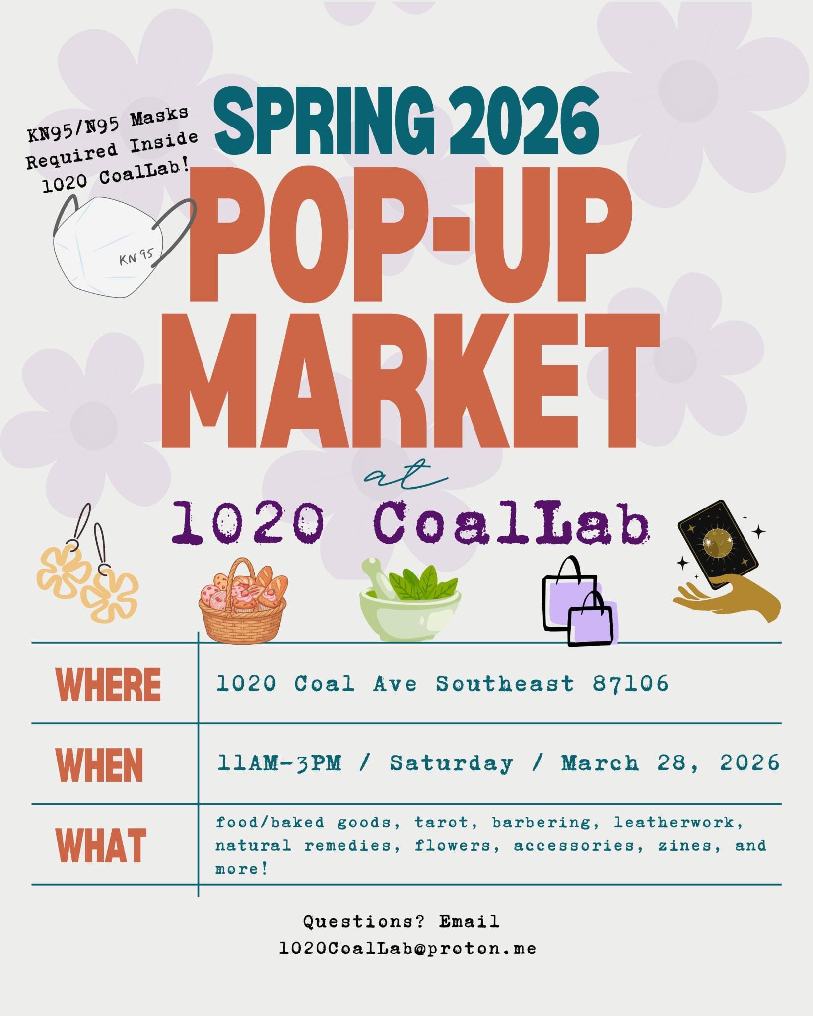 Flyer for Spring Pop-Up Market @ 1020 CoalLab on 3/28/26 (all info below).